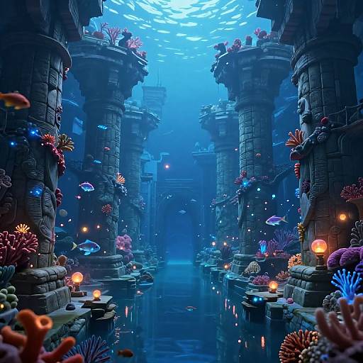 Digital artwork of an underwater temple with glowing fish, colorful coral, and illuminated lanterns among ancient, stone columns in a blue, misty ambiance.