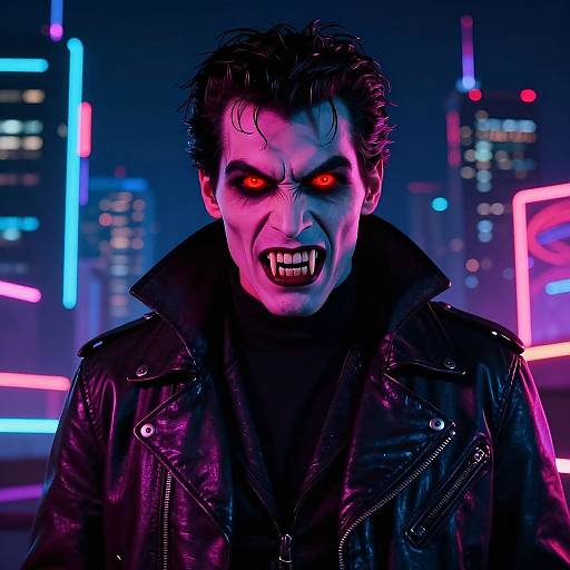 Photograph of a menacing man with pale skin, glowing red eyes, black makeup, and sharp teeth, wearing a black leather jacket, set against a