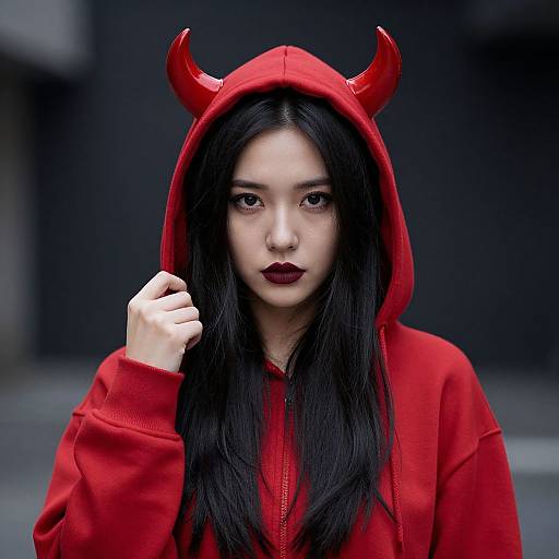 Photograph of an Asian woman with long black hair, wearing a red hoodie with devil horns, dark red lipstick, and a neutral expression, against a