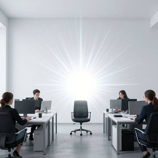 Photograph of four business professionals in a modern, white-walled office, sitting at desks with laptops, facing a bright, radiant white light source on