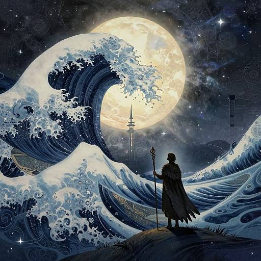 Digital artwork: Silhouetted figure with staff stands before towering, moonlit ocean waves under a full moon, surrounded by stars and swirling patterns.