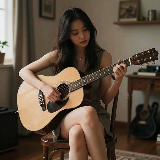 Photograph of a young Asian woman with long black hair, playing an acoustic guitar in a dimly lit, cozy room.
