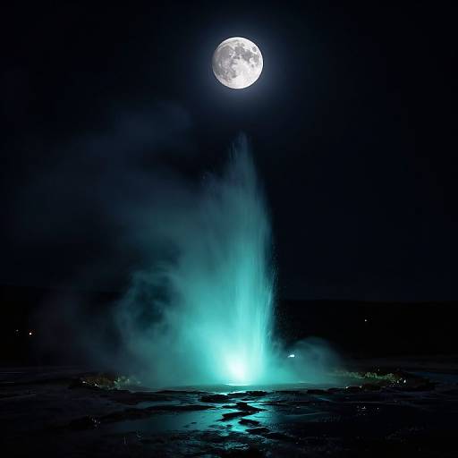 Photograph of a bright blue geyser erupting under a full moon in a dark night sky, with mist swirling around.
