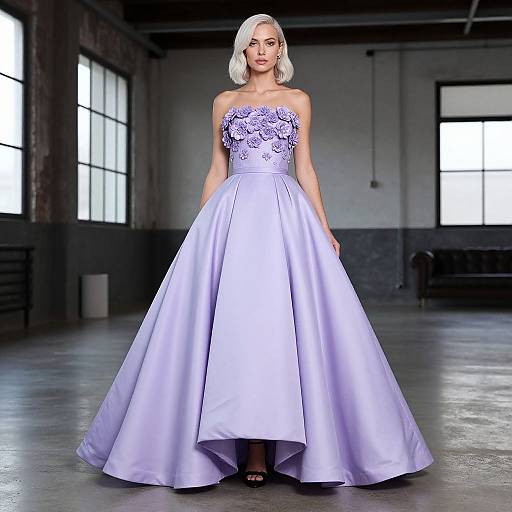 Photograph of a blonde woman in a strapless, lavender ball gown with floral lace bodice, standing in a dimly lit industrial room.