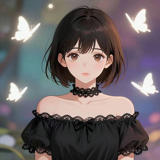 Digital anime-style illustration of a fair-skinned young woman with short black hair, wearing an off-shoulder black lace top, surrounded by glowing white