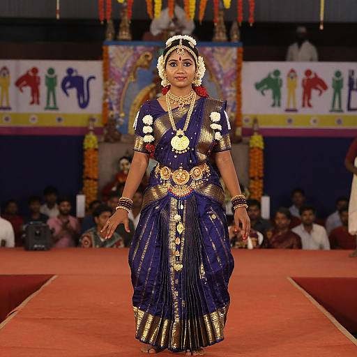 Indian bride in blue and gold traditional saree, adorned with jewelry, walks down a red carpet runway, surrounded by audience.