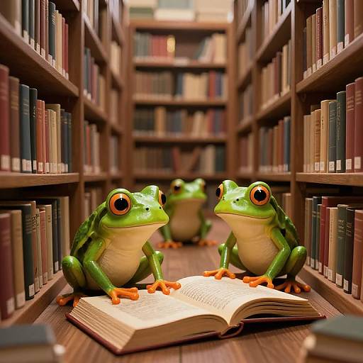 Photograph of three green frogs with orange eyes and legs, sitting on a book-lined library floor, reading an open book.