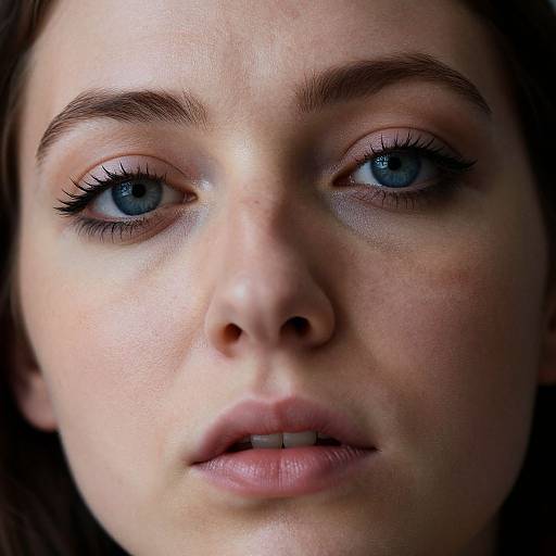 Close-up photograph of a young woman with piercing blue eyes, full lips, and slightly parted pink lips, displaying a serious expression with detailed skin texture and