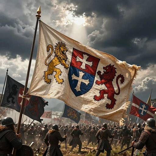 Photograph of a battlefield with a prominently waving flag featuring a yellow lion, blue shield with white cross, and red lion, under dramatic cloudy sky.