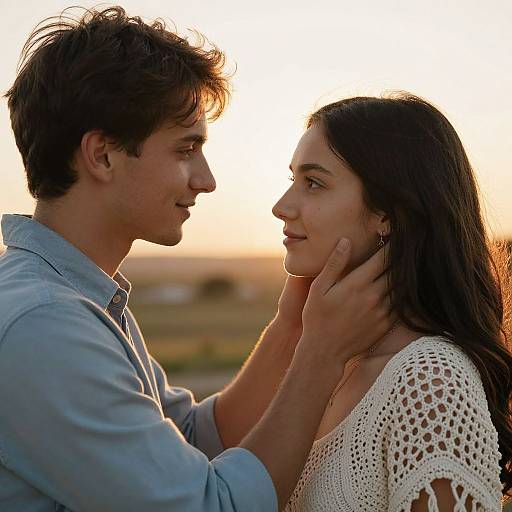 Photograph of a young couple at sunset; man in light blue shirt gently touches woman's face, she wears white crochet top, both smiling softly,