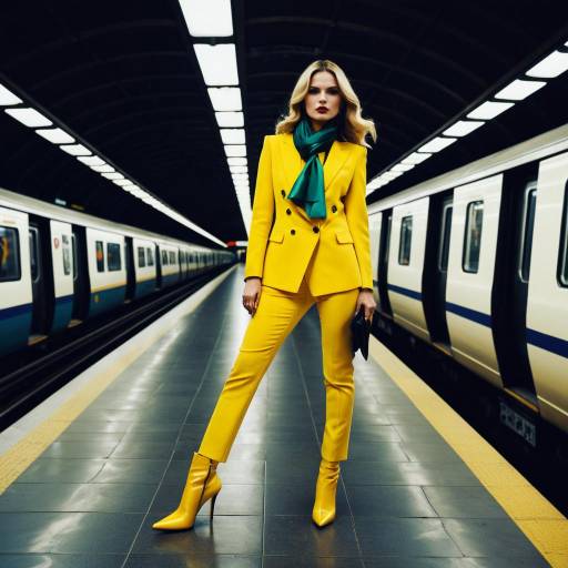 Woman in Yellow Suit at Futuristic Subway Station