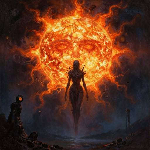 Digital painting: Dark silhouetted figure with spiked shoulders stands before a blazing, fiery sun, surrounded by intense orange and yellow flames, against a