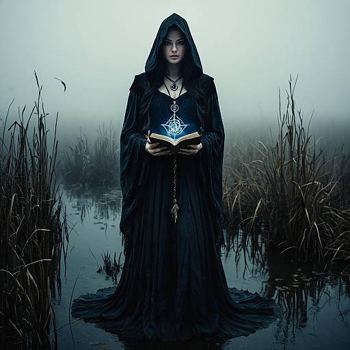Mysterious Sorceress in Foggy Marsh