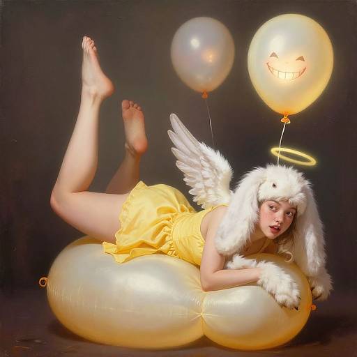 Photograph of a fair-skinned woman with angel wings, yellow dress, and white fur hat, lying on a glowing balloon, holding two smiling balloons