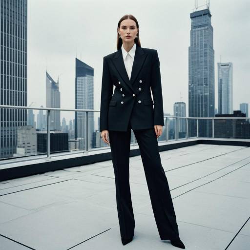 Confident woman in structured black suit on rooftop