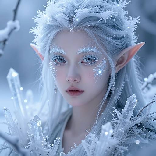 Ethereal Ice Elf Amid Winter Flora