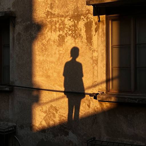 Photograph of a shadowy silhouette of a person standing against a textured, sunlit wall with a warm, golden glow and darkened window.