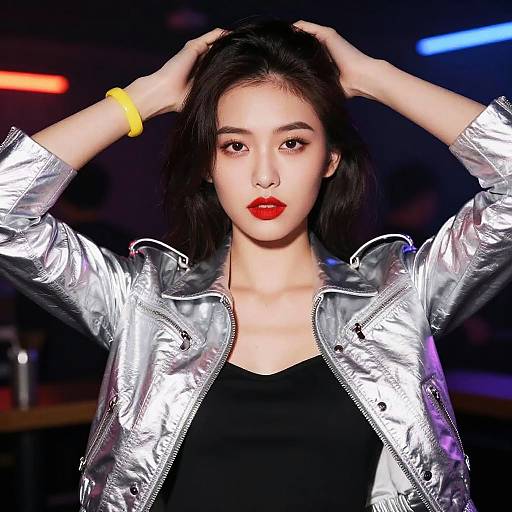 Photograph of a young Asian woman with red lipstick, black top, and silver metallic jacket, hands in hair, yellow bracelet, nightclub background.