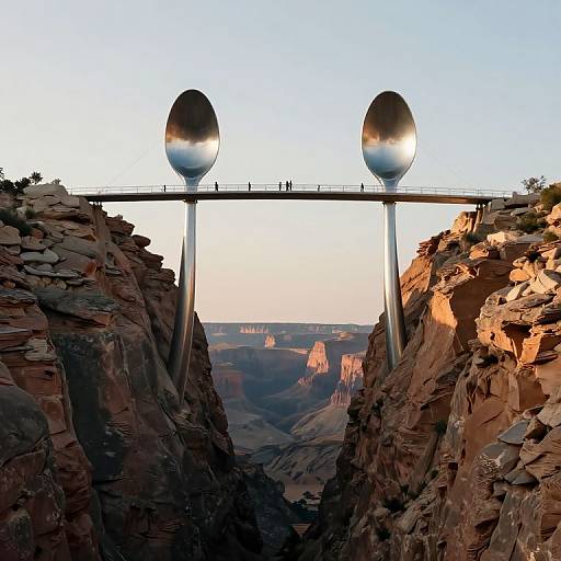 Photograph of two reflective silver spheres on a bridge spanning a deep, rocky canyon at sunset, with distant canyon walls illuminated by warm light.