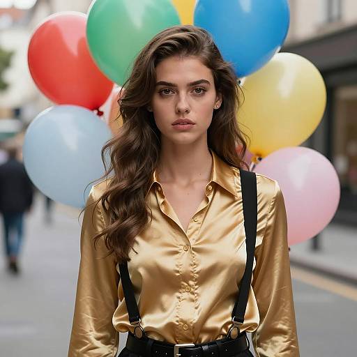 Young Woman with Colorful Balloons in Street