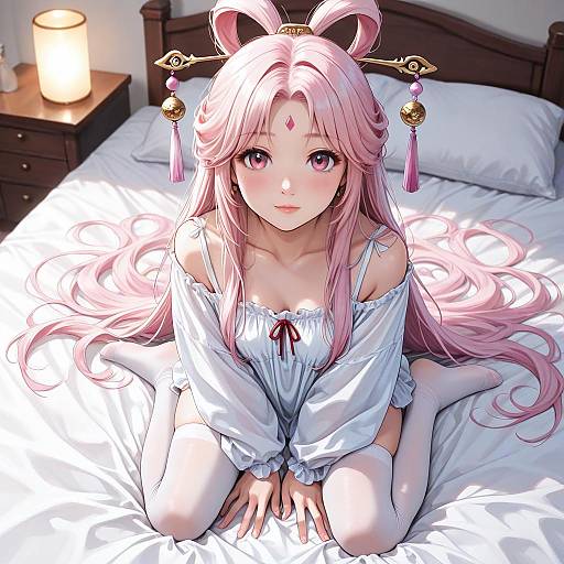 Anime-style digital illustration of a pink-haired girl with large eyes, wearing an off-shoulder white top, white thigh-high socks, and ornate