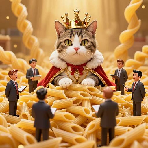 Crowned Cat Queen on Pasta Throne