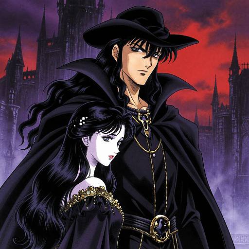 Digital anime-style drawing of a tall, black-cloaked man with long hair and a woman with white face, black hair, and gothic attire