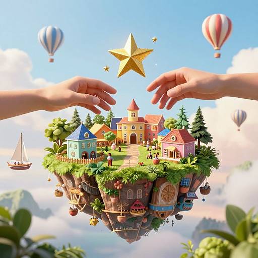 Whimsical CGI illustration of floating village with colorful houses, surrounded by clouds, hands reaching for gold star, hot air balloons, and sailboat.
