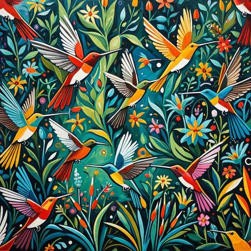 Vibrant Picasso-Style Hummingbird Garden
