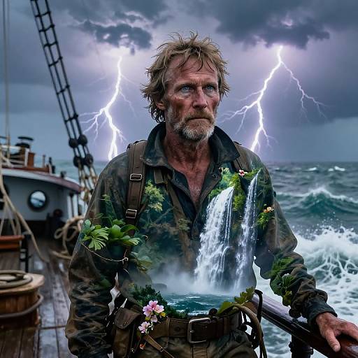 Photograph-style digital art of rugged, weathered man with wild hair, beard, and foliage-adorned shirt, standing on stormy ship deck