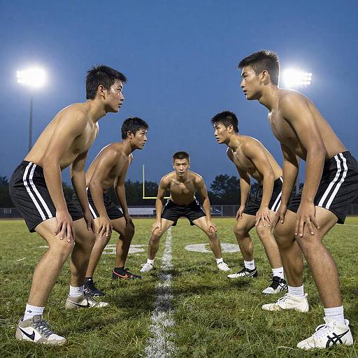 Photograph of five shirtless Asian men in black shorts and white socks, bent over in a rugby scrum on a grass field at twilight, illuminated