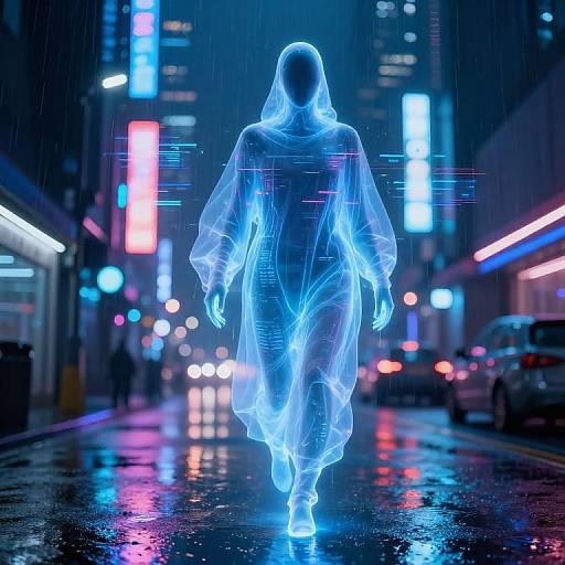 Neon-lit, rainy city street at night featuring a glowing, blue, transparent, ghost-like figure walking down the wet, reflective sidewalk. Digital
