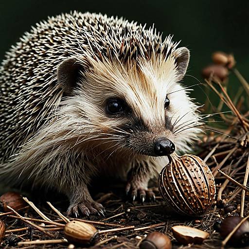 Close-up of Hedgehog Holding Acorn