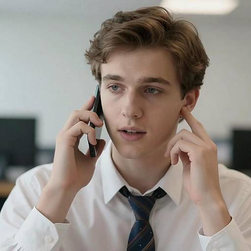 Young Man Talking on Phone in Office