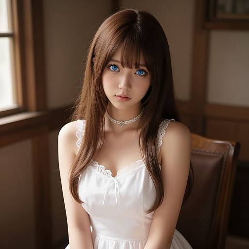 Photograph of a young Japanese woman with long brown hair and striking blue eyes, wearing a white lace-trimmed dress and silver choker, seated