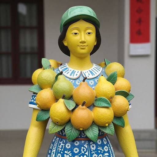 Colorful Fruit-Adorned Statue Display