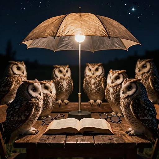 Photograph of seven realistic owls gathered around a wooden table with an open book, illuminated by a glowing umbrella lamp.