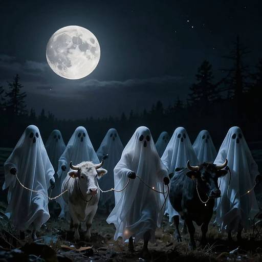 Digital artwork of ghostly cows with white sheets, black horns, and chains, standing under a bright full moon in a dark forest.