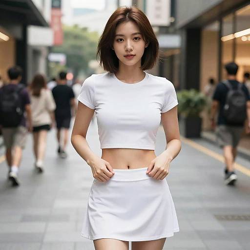 Photograph of an Asian woman with shoulder-length brown hair, wearing a white crop top and skirt, standing on a busy urban street with blurred pedestrians in