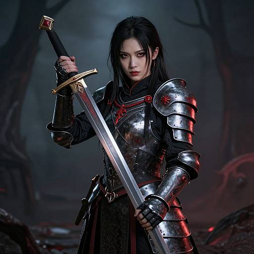 Digital artwork of a fierce, dark-haired woman in shiny, reflective silver armor holding a sword, standing in a dark, misty forest.