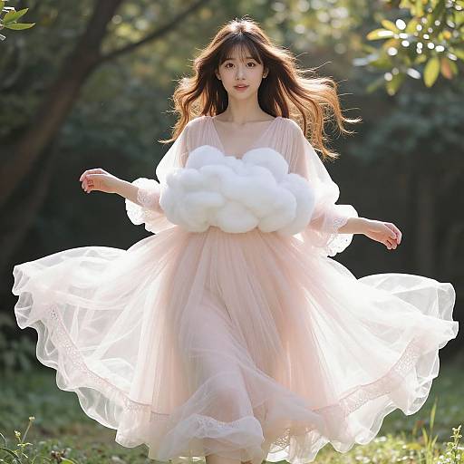 Photograph of an Asian woman with long brown hair in a flowing, light pink dress with white, fluffy sleeves, standing in a sunlit forest.