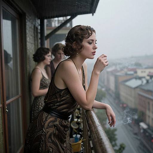 Photograph of three vintage-style women in patterned dresses, standing on a rainy balcony, gazing out over a misty cityscape.