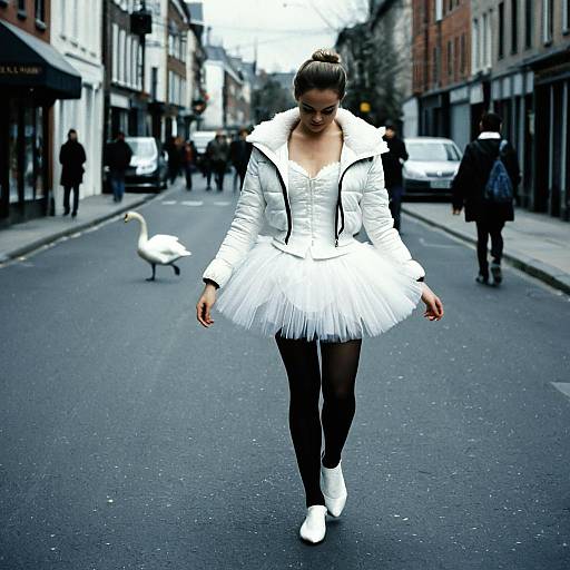 Photograph of a young woman in a white tutu, black hoodie, and tights, walking down a quiet urban street with a swan in