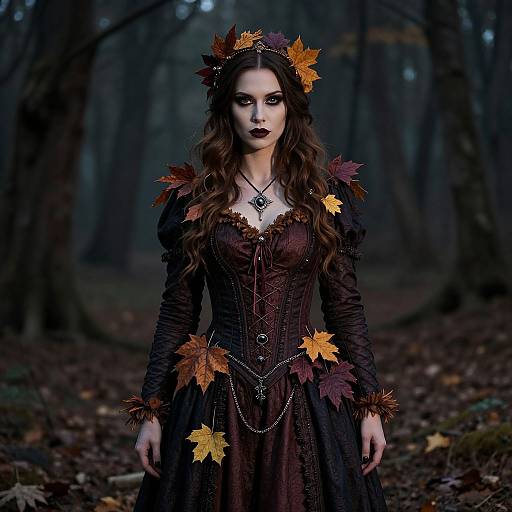 Photograph of a Gothic-style woman with long brown hair, dark makeup, wearing a dark brown lace dress adorned with autumn leaves, standing in a dark