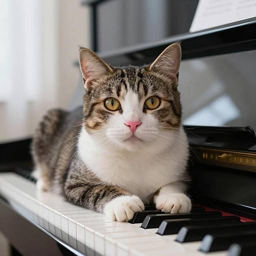 Fluffy Tabby Cat on Piano Keyboard