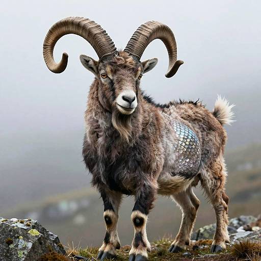 Photograph of a majestic, brown-furred mountain goat with large, curved horns and silver-spotted flanks, standing on rocky terrain against a mist