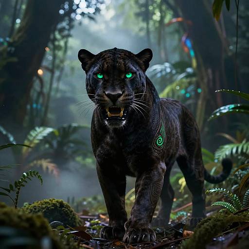 Digital art of a fierce black panther with glowing green eyes, standing in a misty, lush forest, illuminated by soft light.