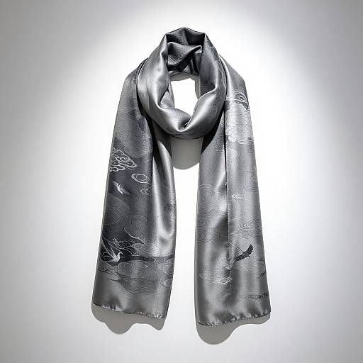 Photograph of a sleek, black satin scarf with elegant white script and bird embroidery, elegantly draped against a white background.