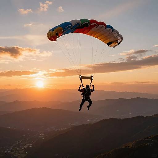 Photograph of a silhouetted paraglider with a colorful parachute, flying at sunset over a mountainous landscape with a radiant orange sky.