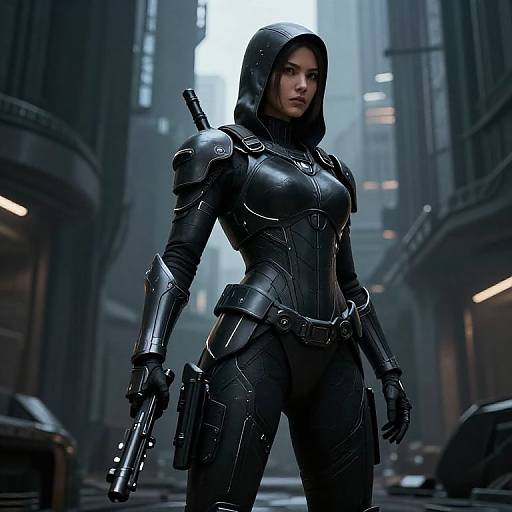 CGI image of a serious, armored female warrior with a hood, holding a gun, standing in a dark, futuristic city street.